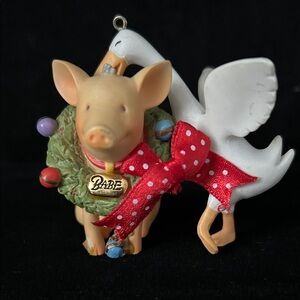 Charming Piglet and Stork Holiday Ornament with Red Bow